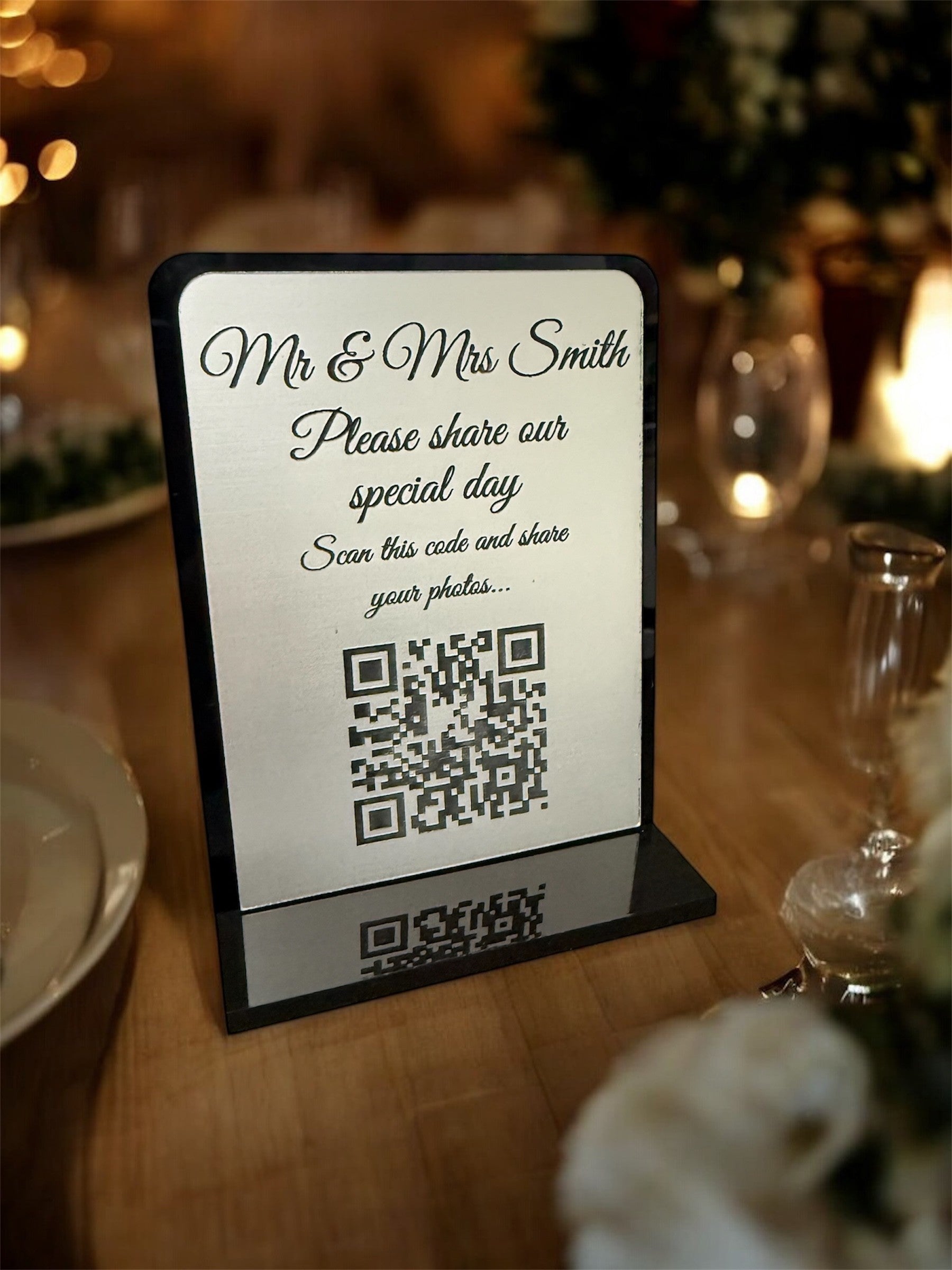 Personalised Wedding Day Shoot and Share, Table QR Stands with engraved text, silver, rounded