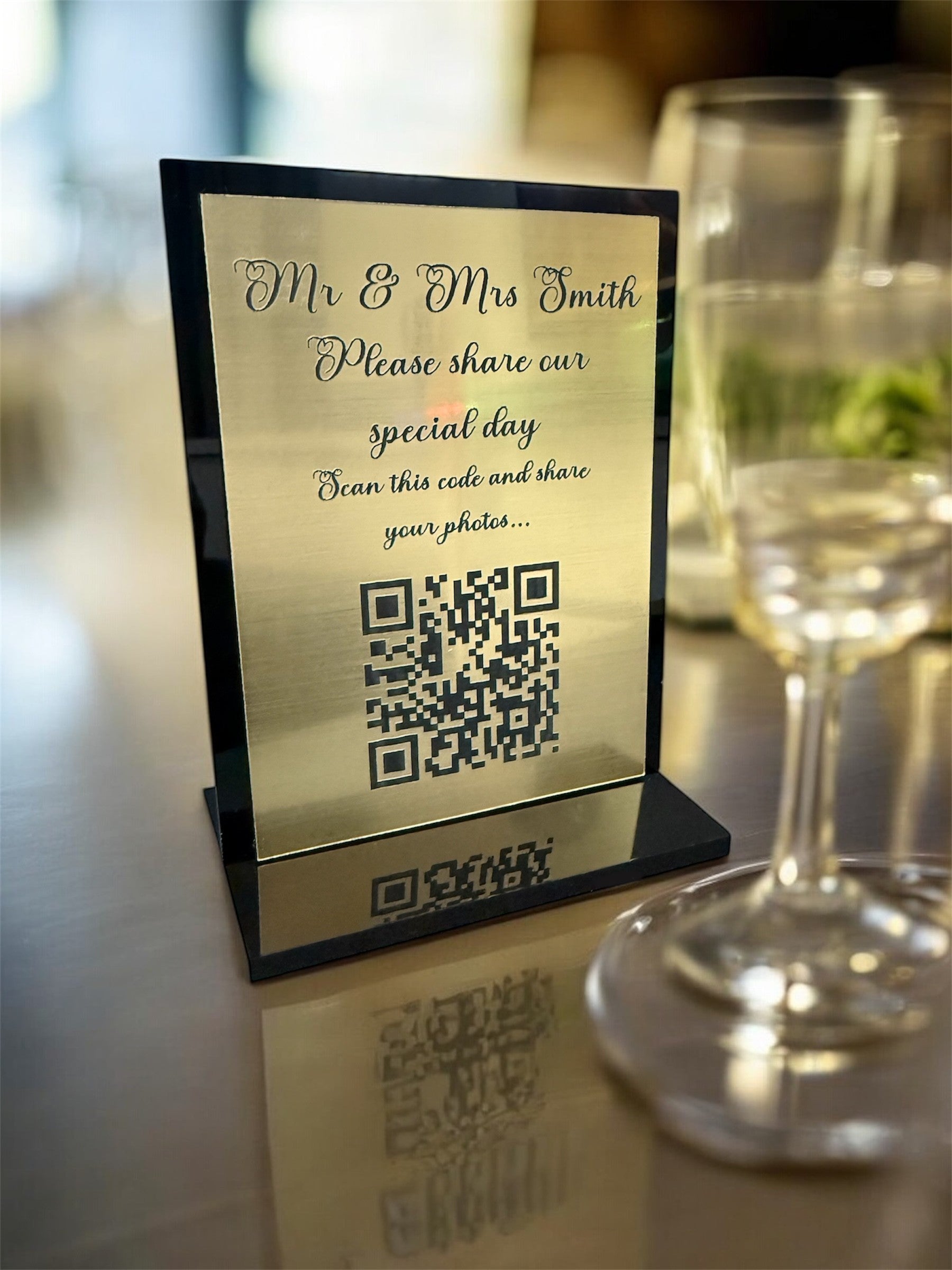 Personalised Wedding Day Shoot and Share, Table QR Stands with engraved text, gold, square