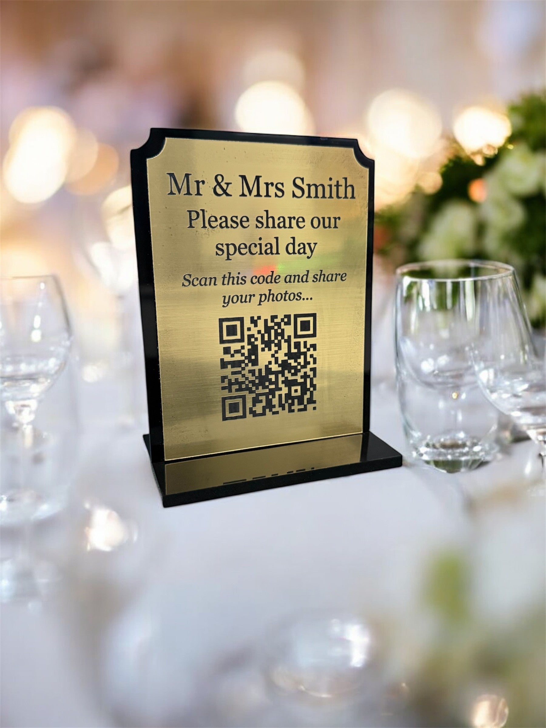 Personalised Wedding Day Shoot and Share, Table QR Stands with engraved text, gold, Inverse