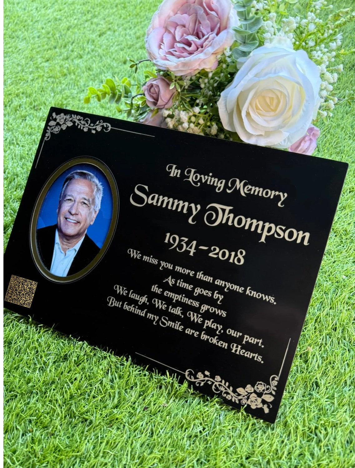 Personalised Memorial Photo Plaque, 29x21cm Engraved Grave Marker, with Gold Wording, Satin Black, with base stand