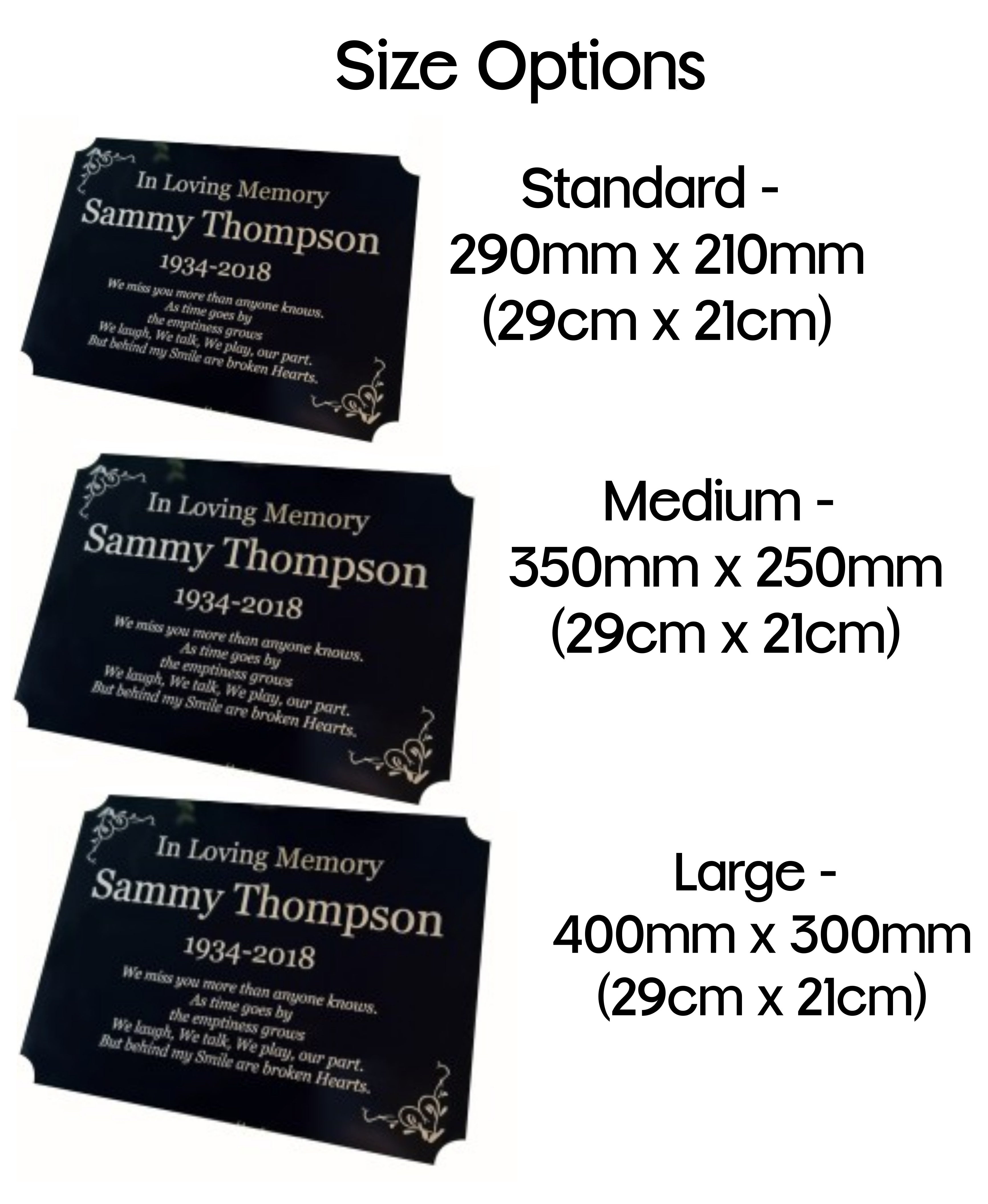 Personalised Memorial Plaque, 29x21cm Engraved Grave Marker, with Gold Wording, Satin Black, with base stand