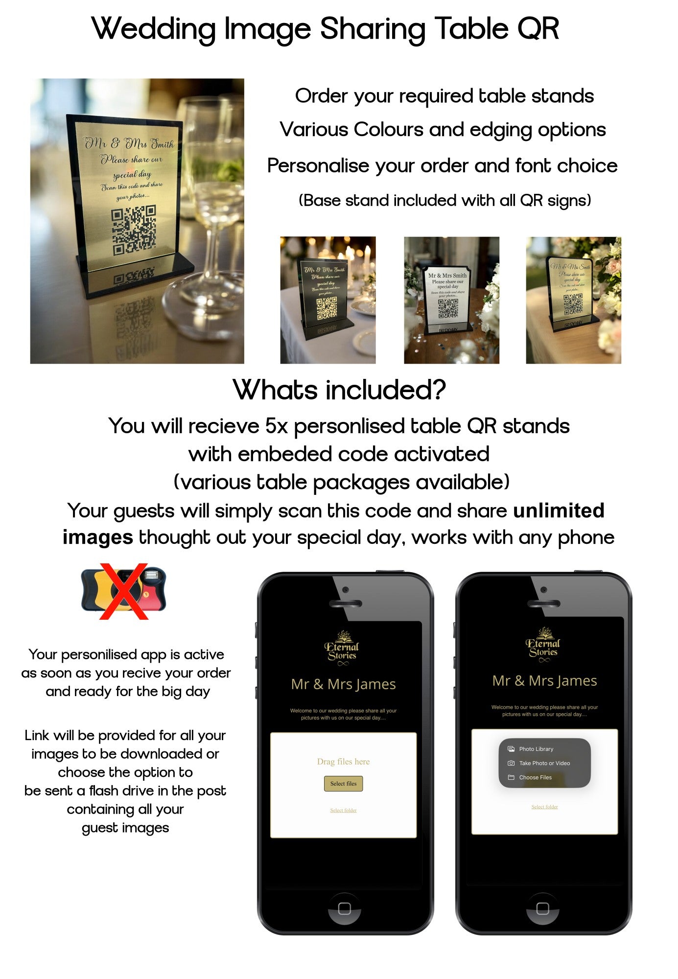 Personalised Wedding Day Shoot and Share, Table QR Stands with engraved text, gold, square