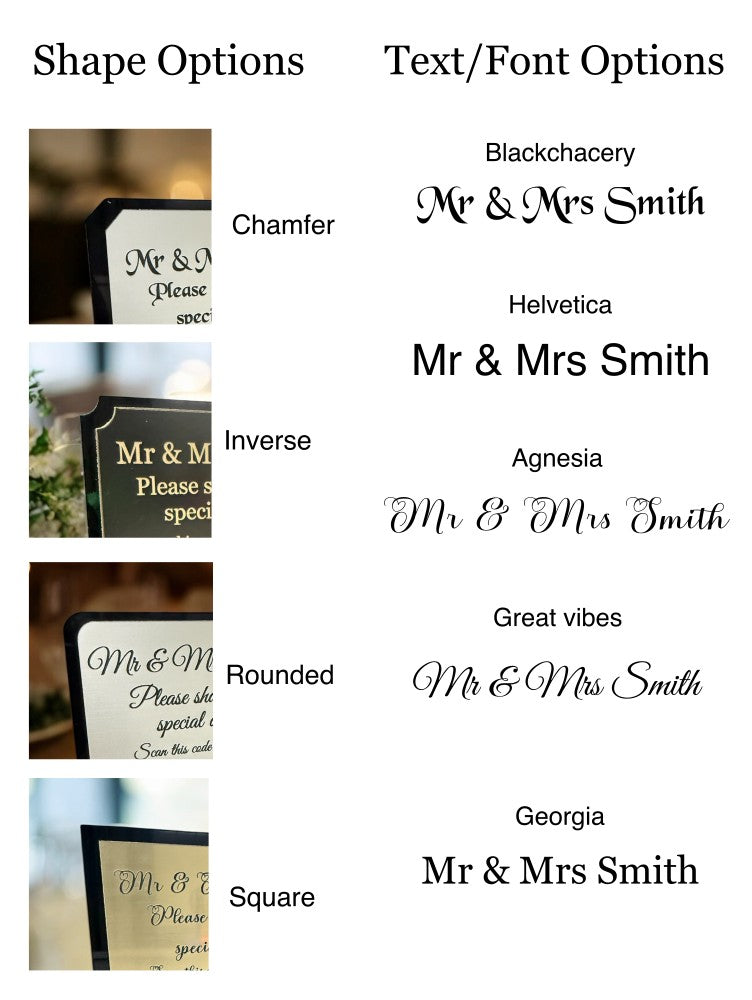 Personalised Wedding Day Shoot and Share, Table QR Stands with engraved text, gold, square