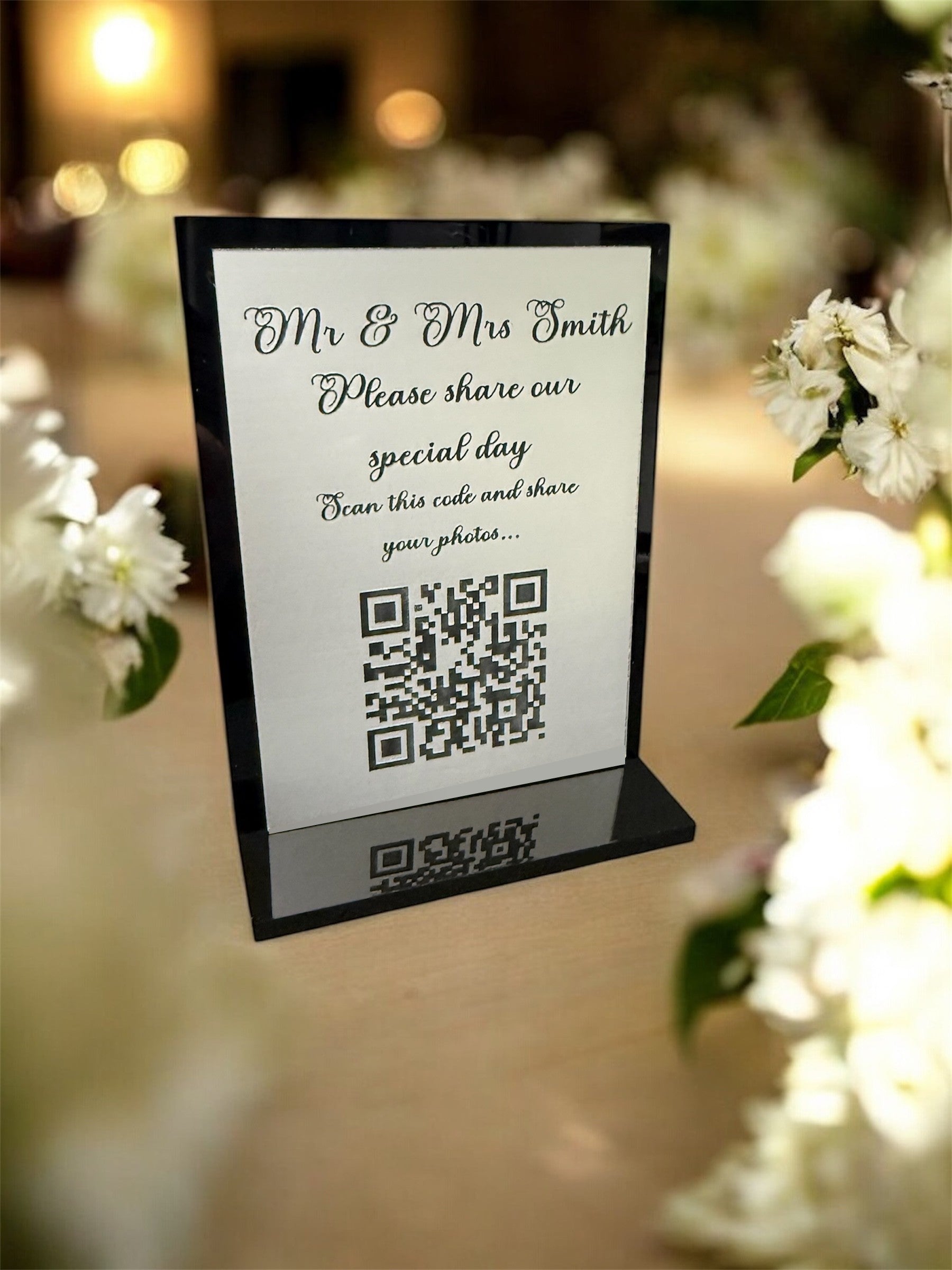 Personalised Wedding Day Shoot and Share, Table QR Stands with engraved text, silver, square