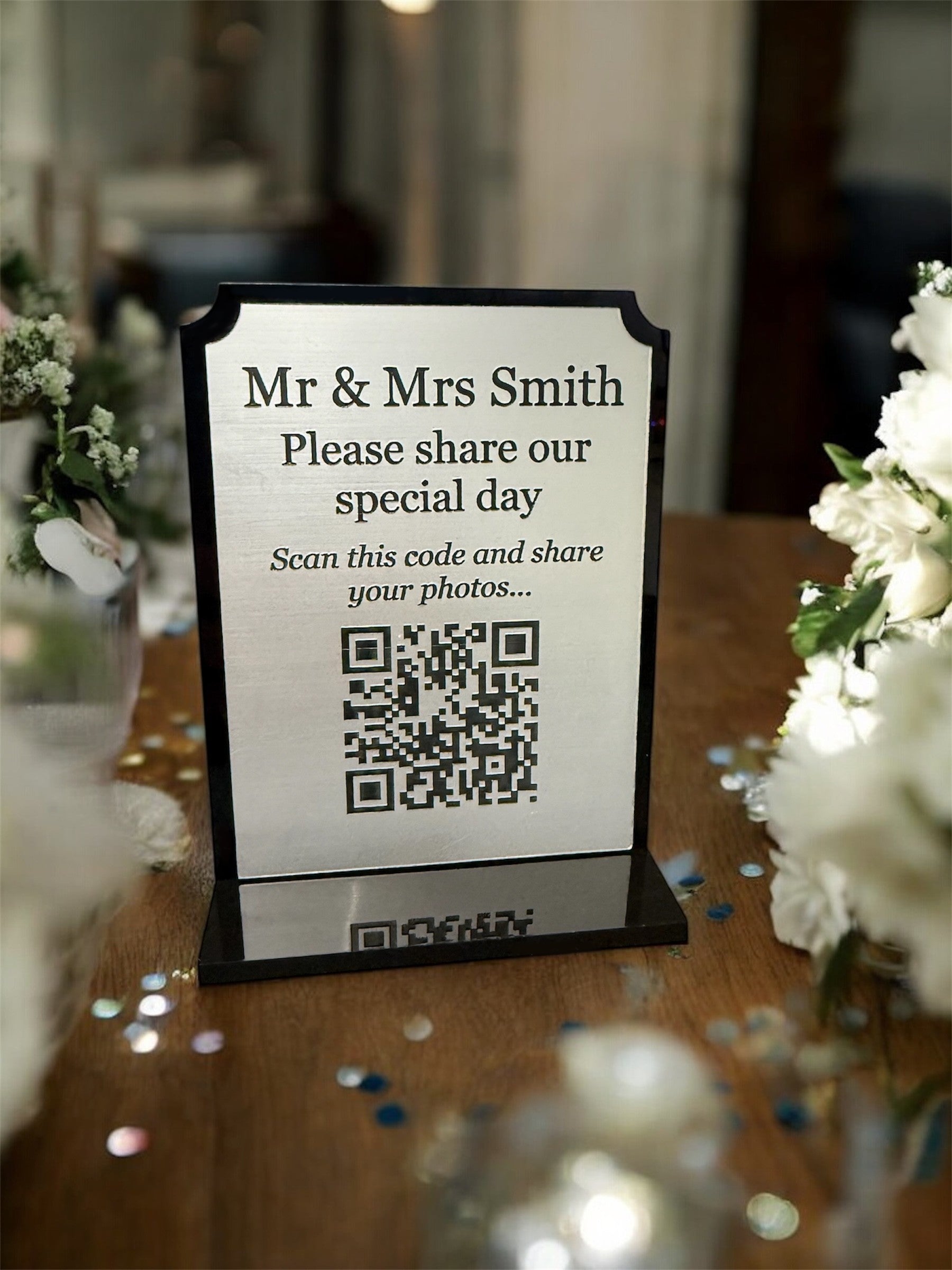 Personalised Wedding Day Shoot and Share, Table QR Stands with engraved text, silver, Inverse