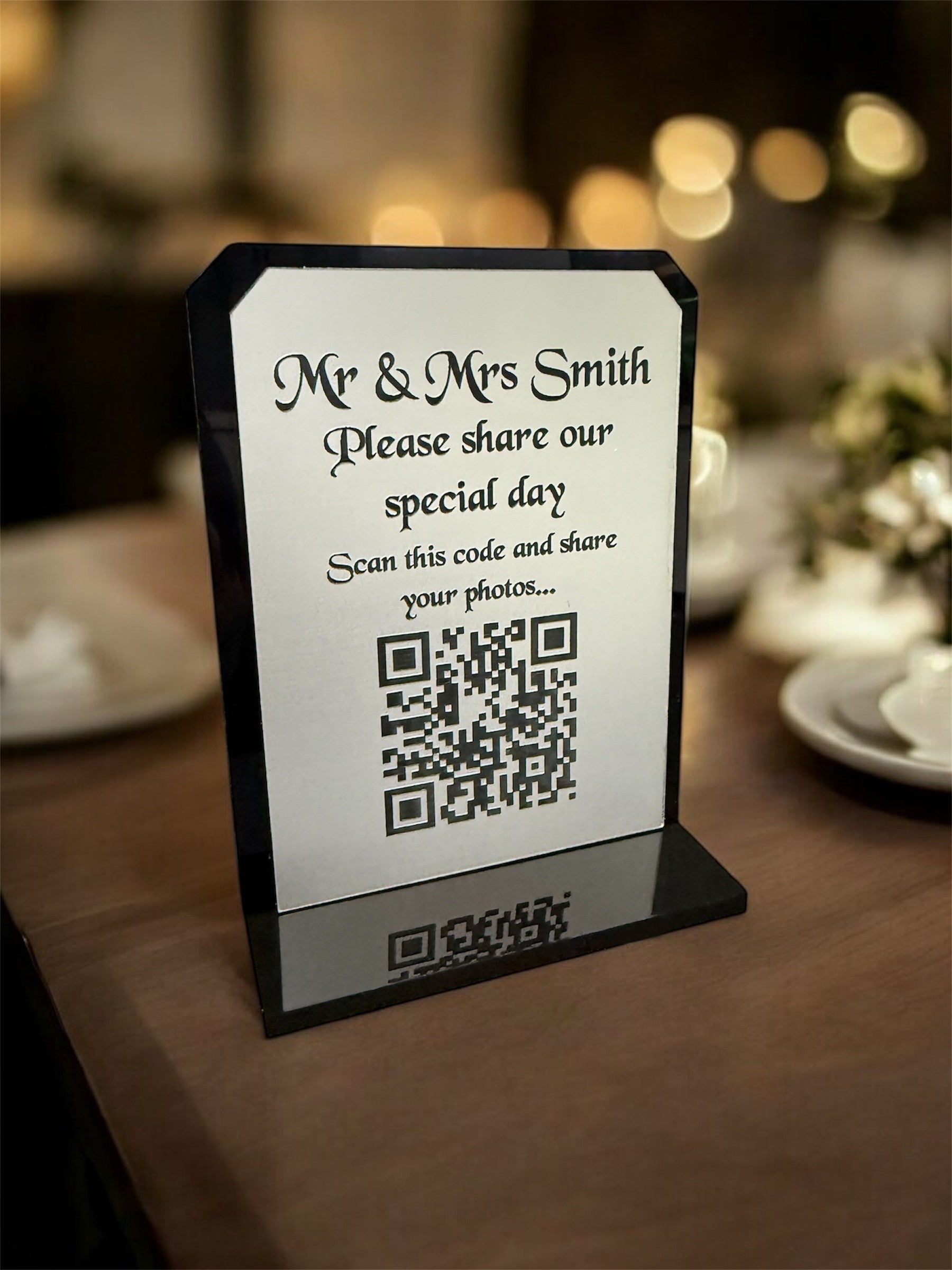 Personalised Wedding Day Shoot and Share, Table QR Stands with engraved text, silver, chamfer